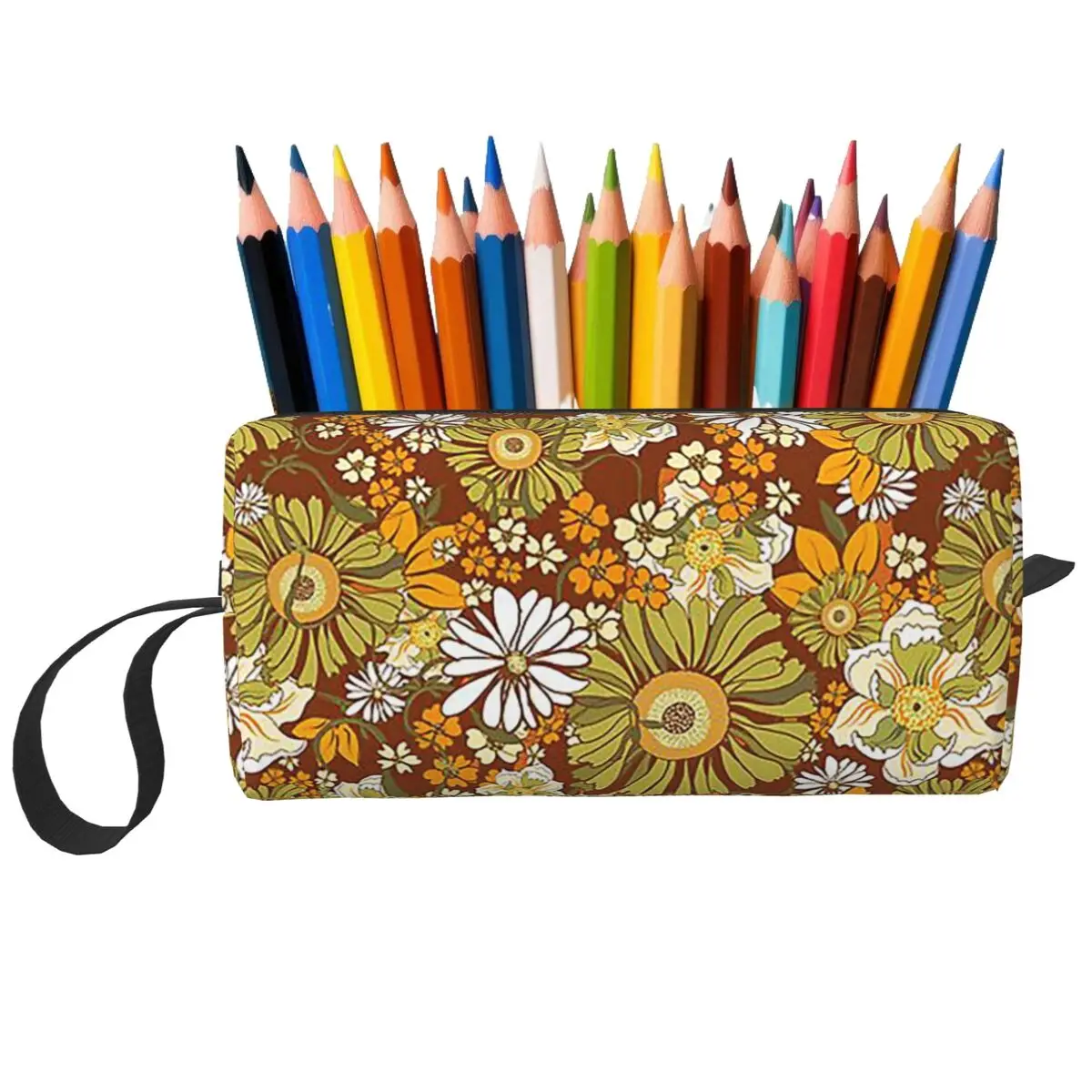 70s Retro Vintage Flower Power Pattern Boho Pencil Case for Studen Pen Box Pencil Bag Stationery Supplies Women Organizer Pouch
