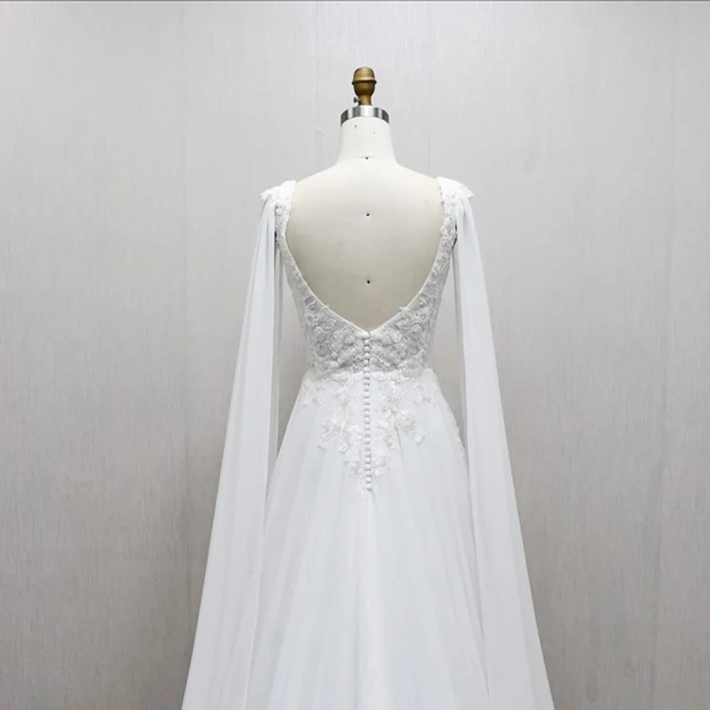 ה לה Princesa Vestido de novia con cuello en V Apliques Botón en la espalda Vestido de novia sexy