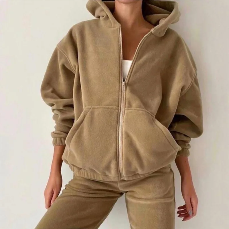Damen-Trainingsanzug mit Langarm-Hoodie mit Reißverschluss und Taschen, elastischem Bund, lange Hose, 2-teilig, Herbst-Winter, lässige Mode, Streetwear.
