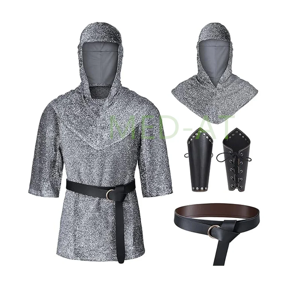 Medieval  Cosplay Fake Chain Mail SHirt Renaissance Armor Tunic Coif Knight Cowl Crusader Costume Bracers Waist Belt Set view 2