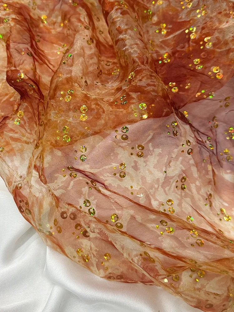 Misty gradient dyed sequins organza fabric sewing stage performance costumes handmade DIY chiffon fabric