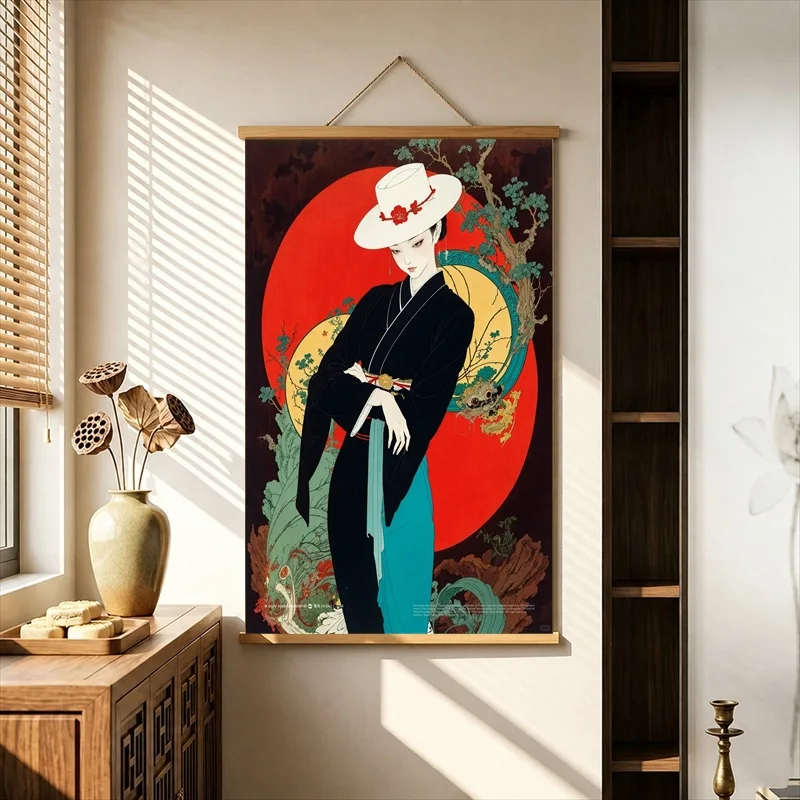 Wall Decorations Elegant Gothic Women in Dark Floral Scenes, Pearlescent Canvas Hanging Scroll for Bridal Boutique Wall Decor