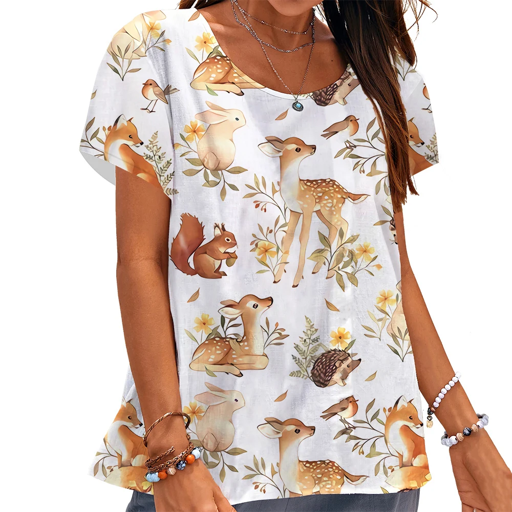 Summer Animal Floral T-shirt 3D Print Squirrel Bunny Tees Woman Streetwear T Shirts Harajuku Oversized Y2k Tops Women Clothing