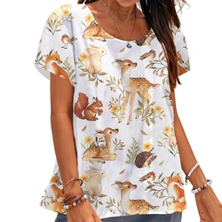 Summer Animal Floral T-shirt 3D Print Squirrel Bunny Tees Woman Streetwear T Shirts Harajuku Oversized Y2k Tops Women Clothing