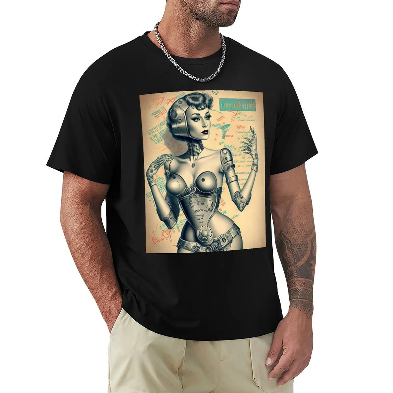 Vintage retro movie poster look with a beautiful sexy robot fantasy woman and typography background T-Shirt