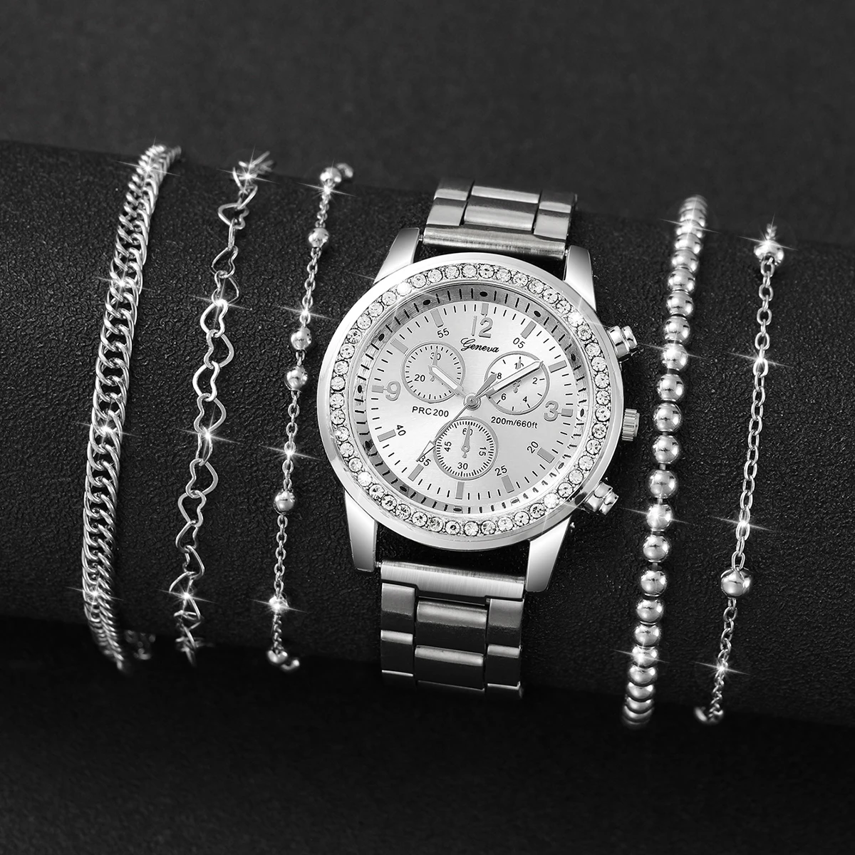 6PCS Women\'s Watch Fashion Rhinestone Stainless Steel Band Quartz Watch Bracelets Set（Without Box）