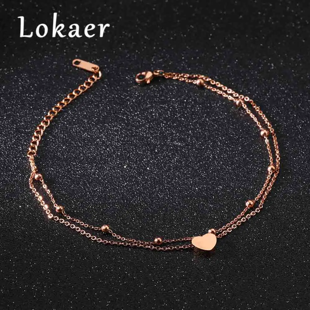 Lokaer New Fashion Double Layer Stainless Steel Heart Charm Anklets For Women Rose Gold Color Leg Bracelet Foot Jewelry A19026