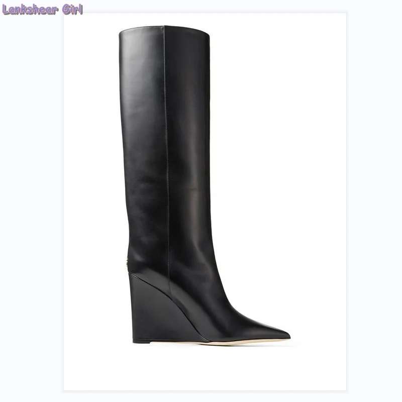 New Women Black Leather Pointed Toe Wedge Knee High Boots Pull On Velvet Metallic Knee Boots Winter Comfort Fashion 35-43