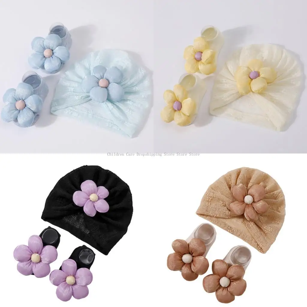 

Baby Girls Turban Hat with Flower Accent Socks Newborns Bonnet 0-12 Month Infant