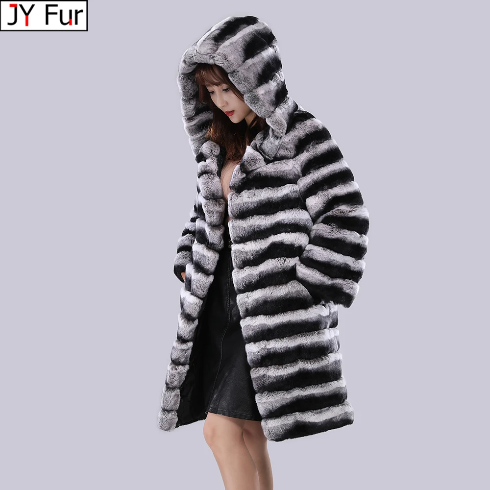 

Real Fur Coat With Hood Jacket Long Winter Coat Large Fur Hood Rex Rabbit Chinchilla Fur Hooded Jacket Women Real Fur Coat