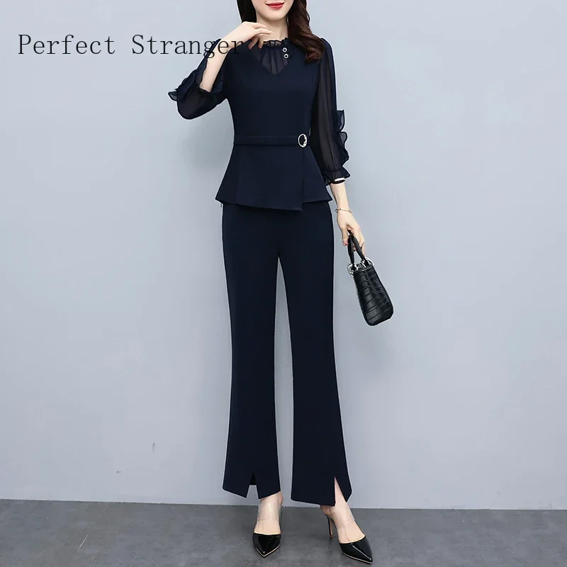 Women Pants Sets 2024 New Eleant Spring Autumn Oversize Chiffon Patchwork Fungus Tops & Flare Pants Female 2 Pcs Outfits Suits