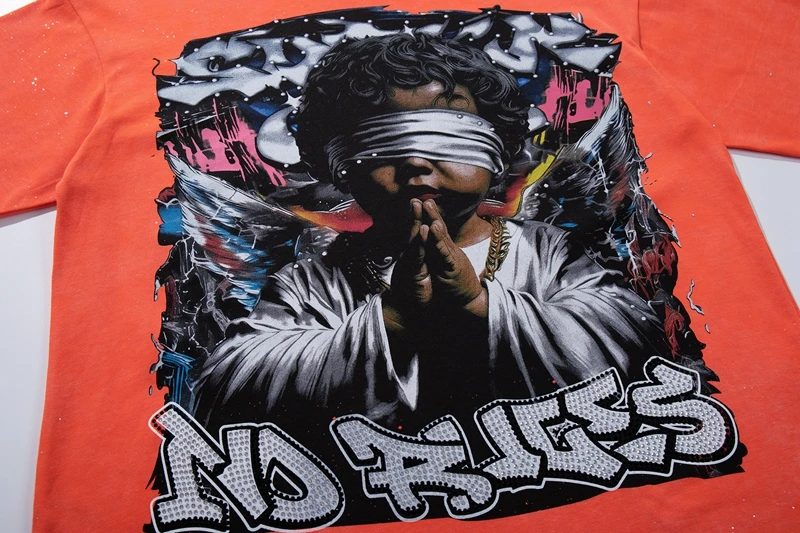 Übergroßes Orange Strass Washed T-Shirt mit Engelsflügeln und Graffiti Lustiges Grafik-T-Shirt für Männer und Frauen Sommer Lässiges Baumwoll-Kurzarm-Oberteil – Detail 7