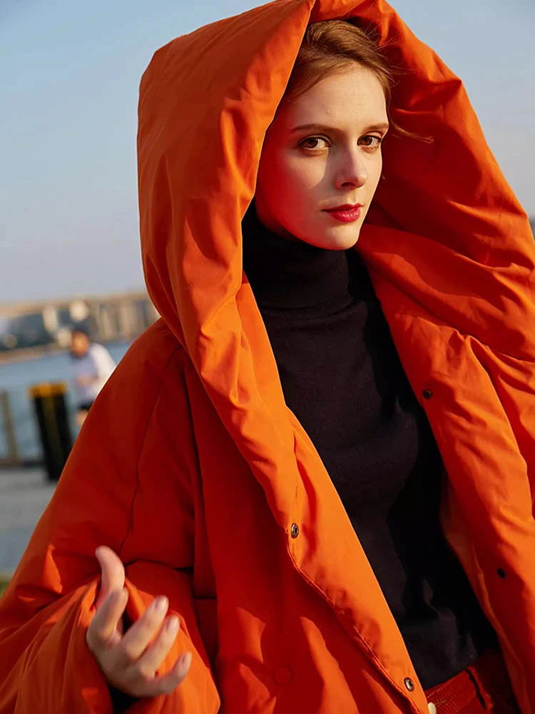 Winter nieuwe warme jassen met lange mouwen en capuchon Damesparka\'s Mode Tij Losse pluizige oranje rode oversized donsjack