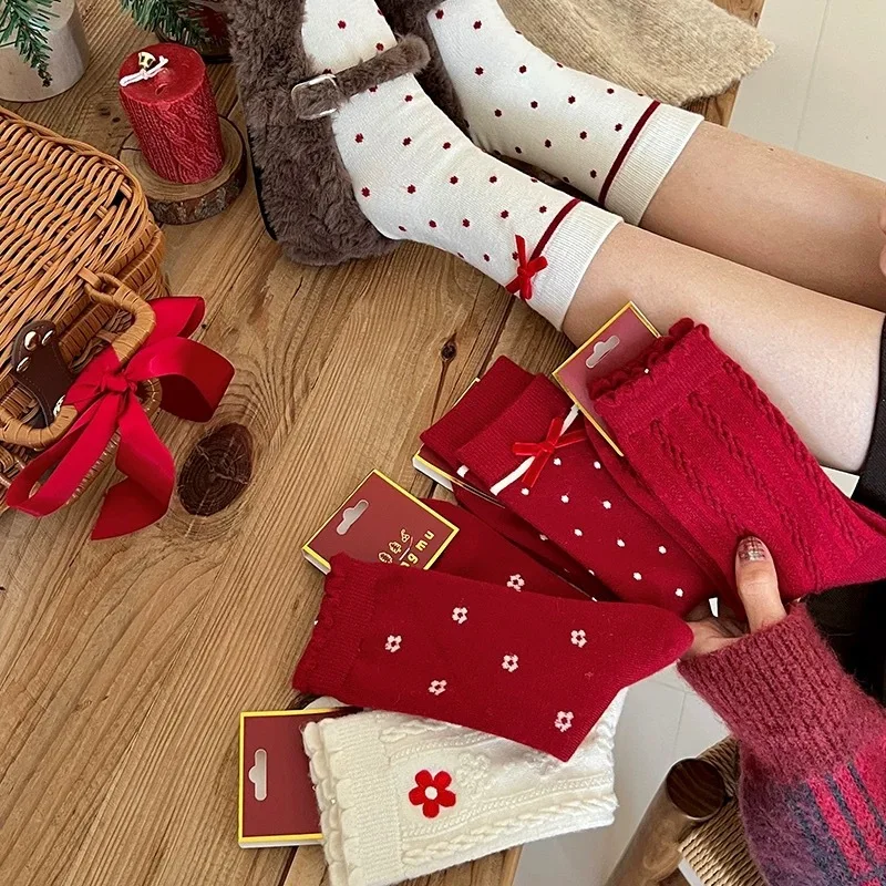 1/5 Paar Damen-Socken mit roter Schleife und mittlerer Röhre, modischer süßer Blumendruck, Urlaubsstil, weich, bequem, ganzjährig, lässige Socken – Detail 6