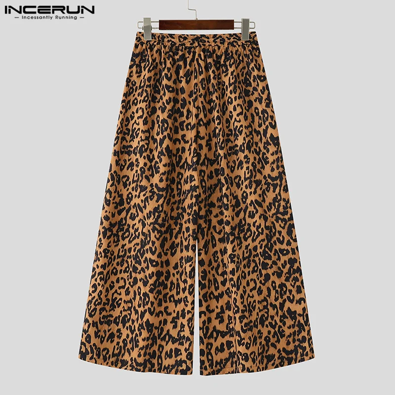 INCERUN Men Wide Leg Pants Leopard Printing Drawstring Joggers Casual Trousers Men Streetwear 2025 Oversize Pleated Long Pants
