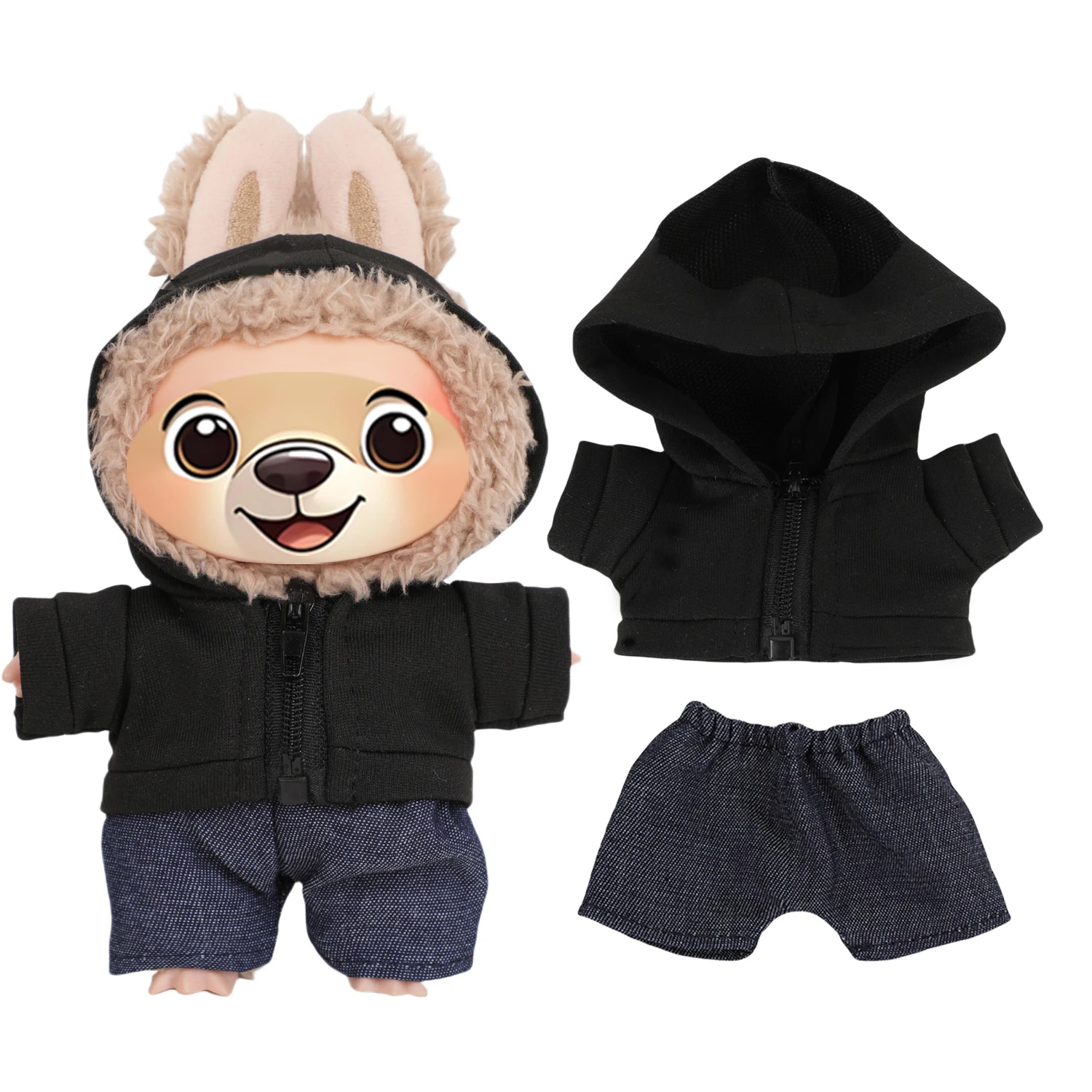 Black Jacket+Shorts For 17cm Labuabu Doll Cute Hoodie Clothes Set Outfit For V1 V2 Labuabu Girl Doll Cotton Toy Accessoties Gift