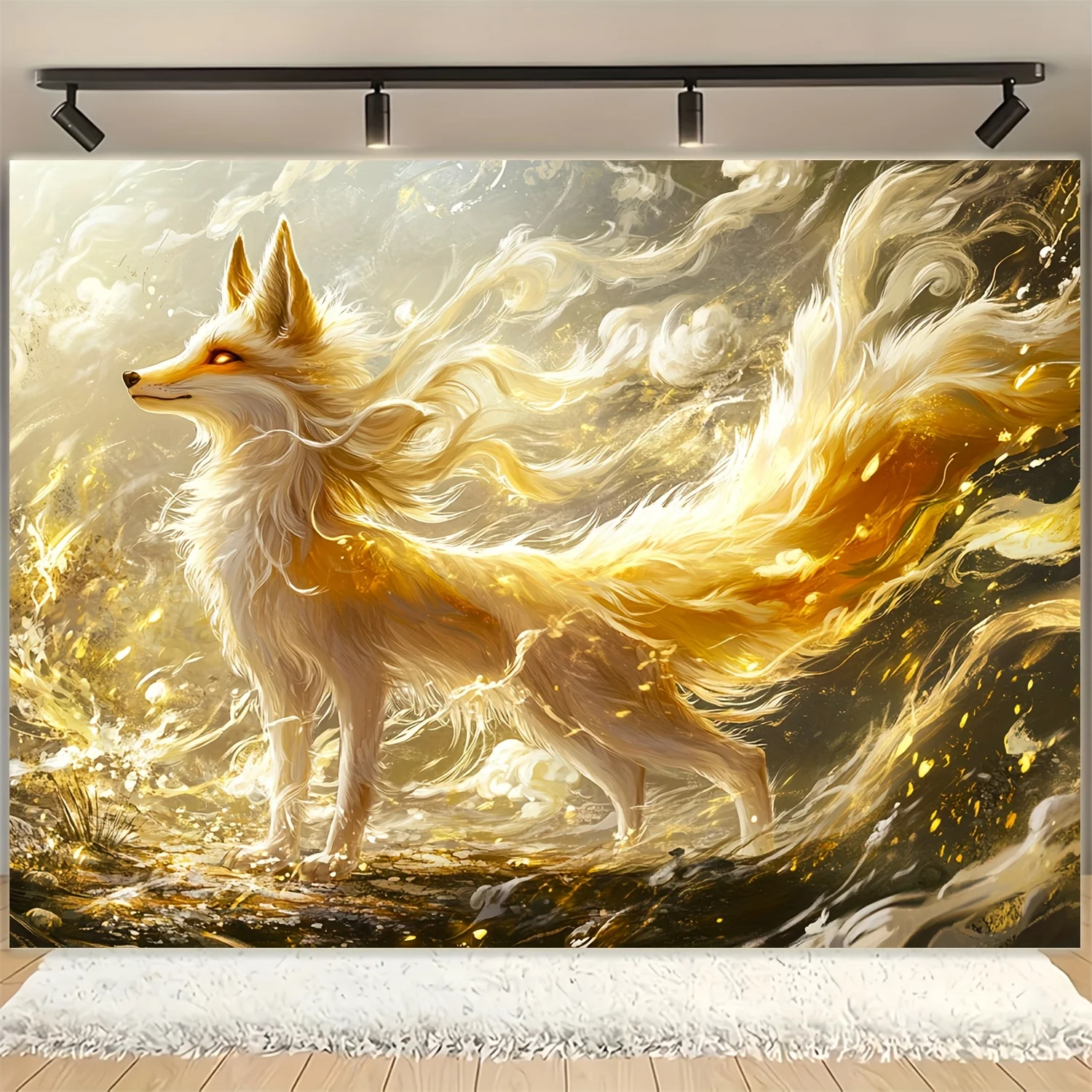 One Pc Golden Nine Tailed Fox Tapestry Japanese Kitsune Mythology Wall Hanging Elegant White To Golden Gradient Horizontal