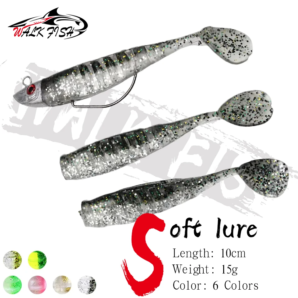 SPAZIERGANG FISCH 15g 10cm Angeln Köder Blei Jig Set Silikon Weiche Köder pesca Wobbler Angeln Köder Blei Kopf haken Meer Angelgerät