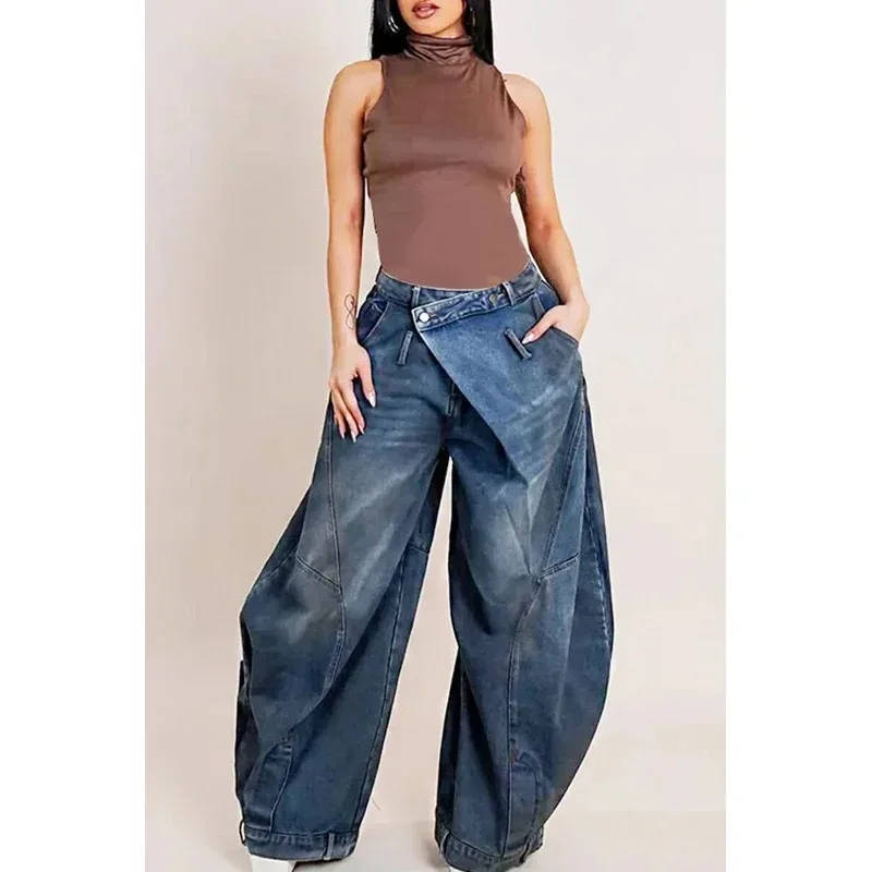 

2025Retro old washed reverse waist women's jeans loose wide-leg pants European and American tide