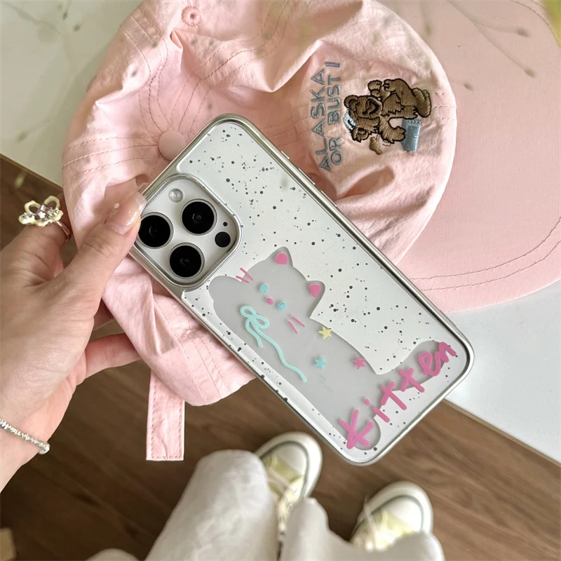 

Ins-splashed hollow cat for iPhone 15 Pro 14 Pro max mobile phone case 13 Apple 12 Pro silver frame with chain