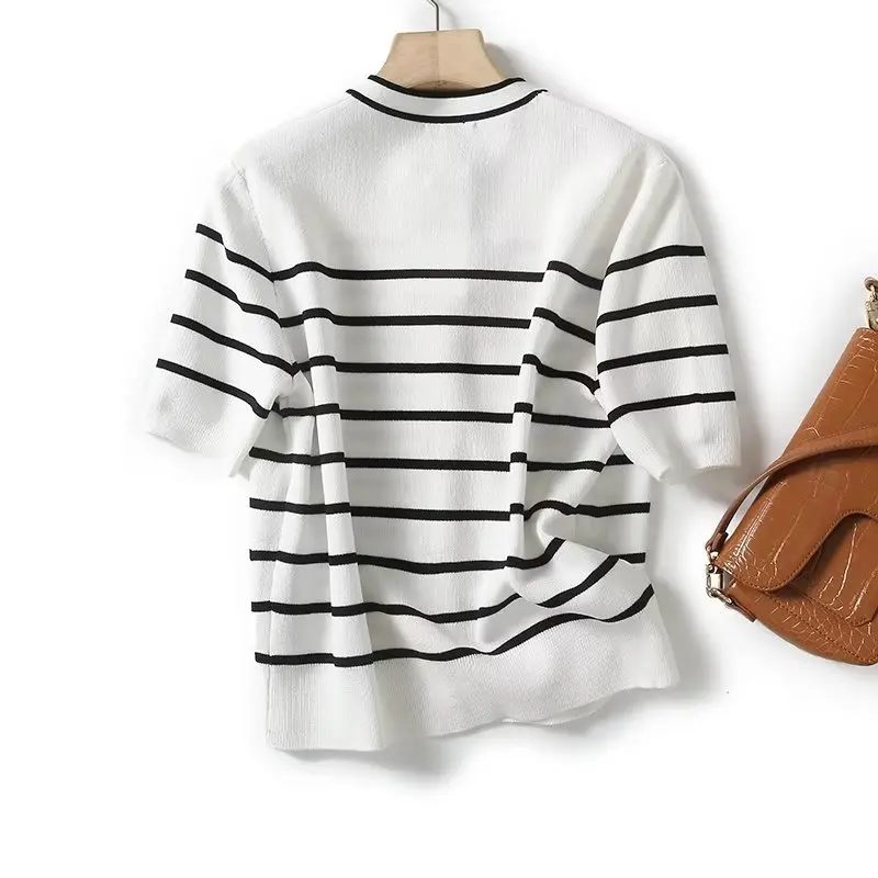 Maxdutti French Fashion Office Ladies Single Breasted Sweaters Women Simple Round Neck Striped Top Knit Cardigan Casual