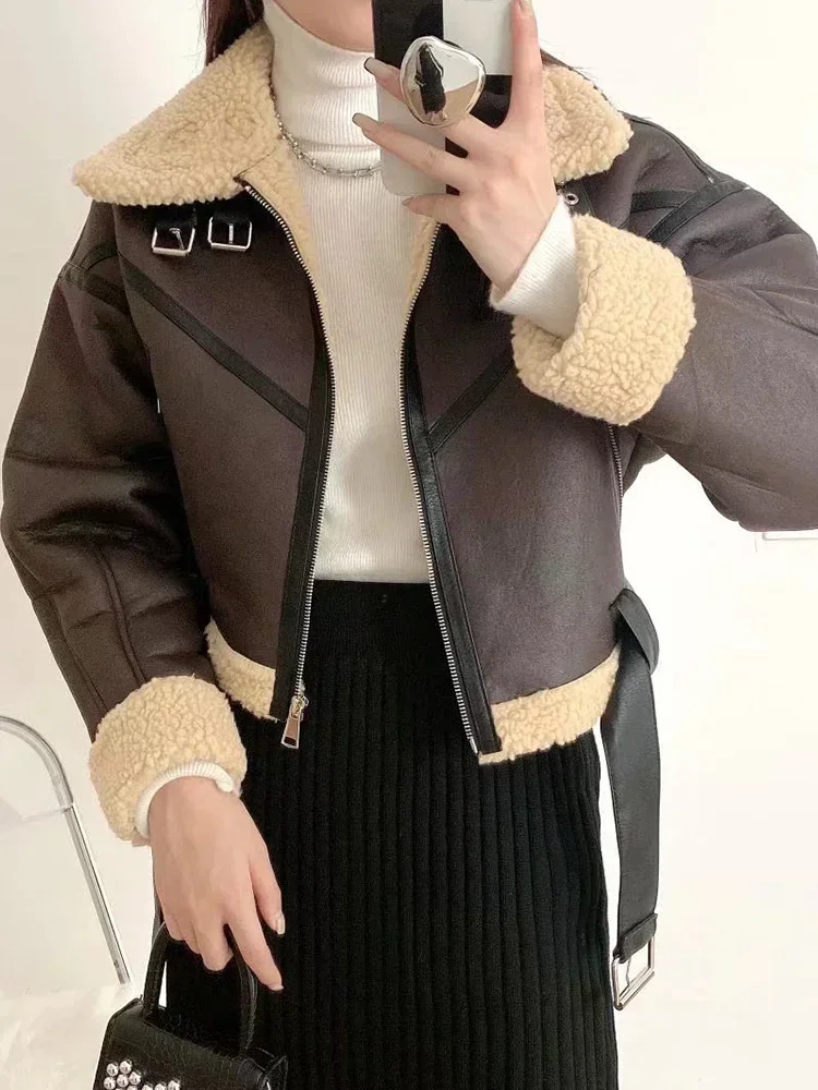 Winter Women Streetwear Faux Lamb Leather Fur Short Jacket with Belt Moto Biker Thick Warm Sheepskin Coat Outwear