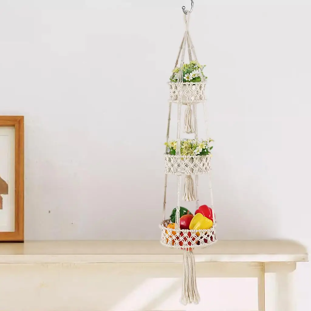 3 Tier Macrame Hanging Fruit Basket Vegetable Hammock Decorative Baskets