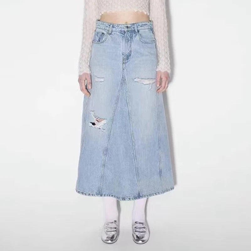 

2024 summer new washed hole denim skirt Slim thin women's half-body skirt High-quality cotton fashion versatile y2k