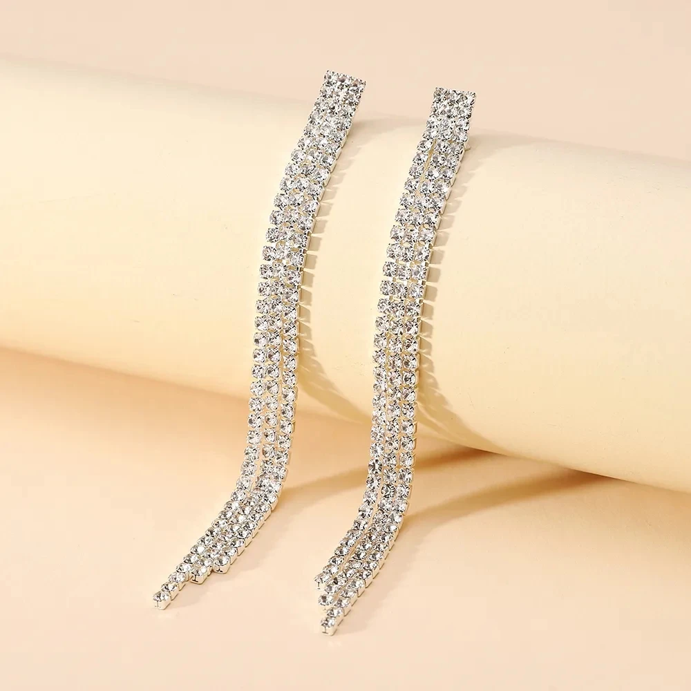 TREAZY New 3 lines Rhinestones Tassel Long Earrings for Women Jewelry Wedding Party Crystal Hanging Dangle Earrings pendiente