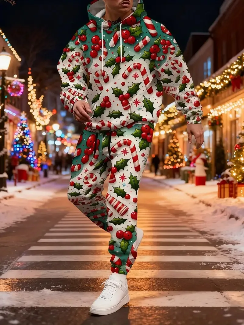 산타 클로스 캔디 케인 3D 인쇄 남성 후드 세트 패션 야외 거리 힙합 의류 크리스마스 파티 긴 소매 정장