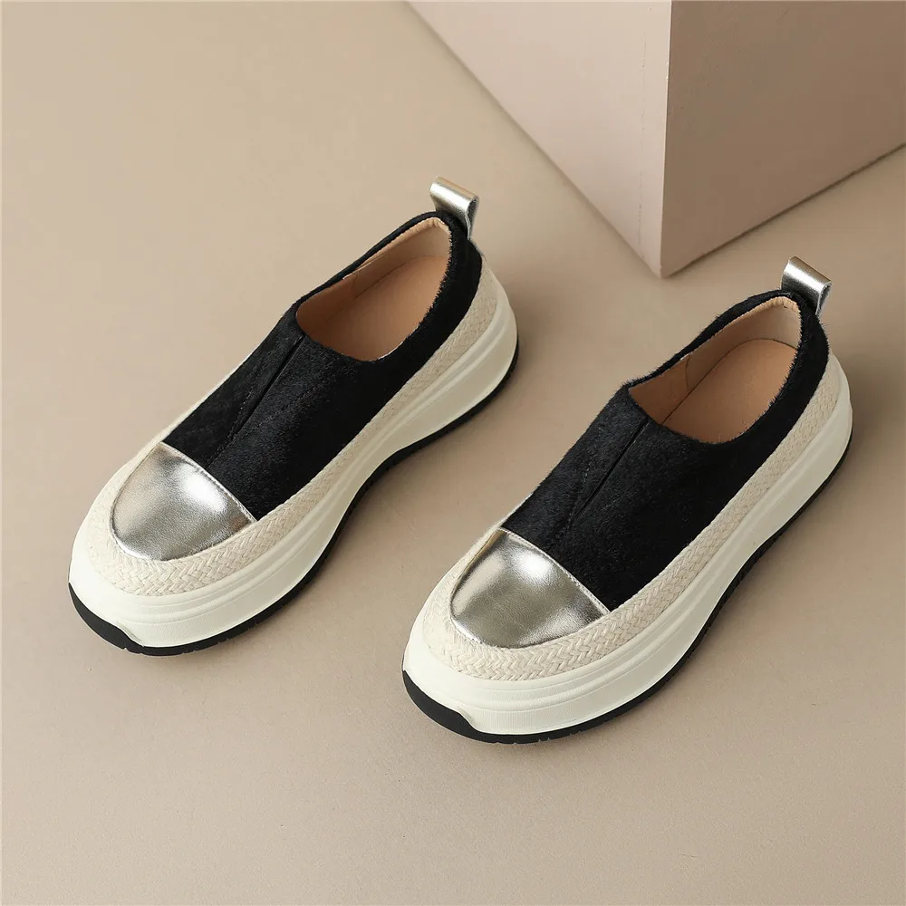 MILI-MIYA New Arrival Women Cow Leather&Horse Hair Sneakers Platform Heels Slip On Round Toe Mixed Color Handmade For Ladies