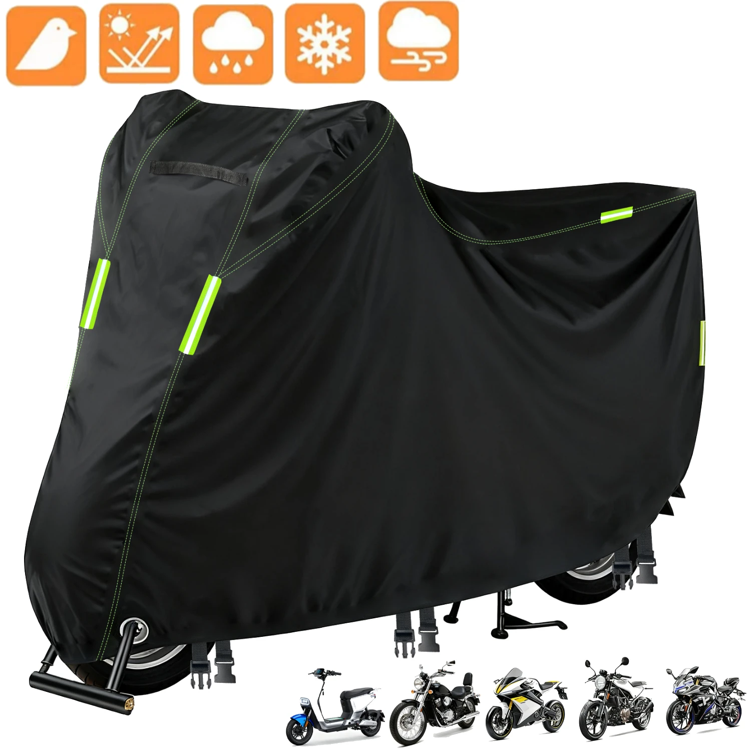 

Motorcycle Cover All Season Universal Waterproof Sun Outdoor Protection Scooter Shelter Night Reflective&Lock-Holes Storage Bag