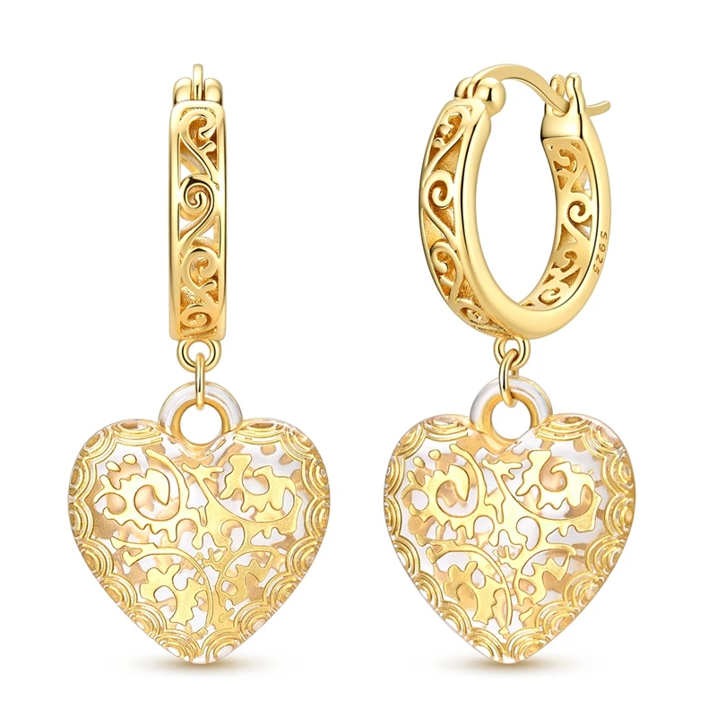 S925 Sterling Silver Vintage Filigree Heart Dangle Huggie Hoop Earrings Hollow Scroll Floral Pattern Drop Earring Jewelry Gift