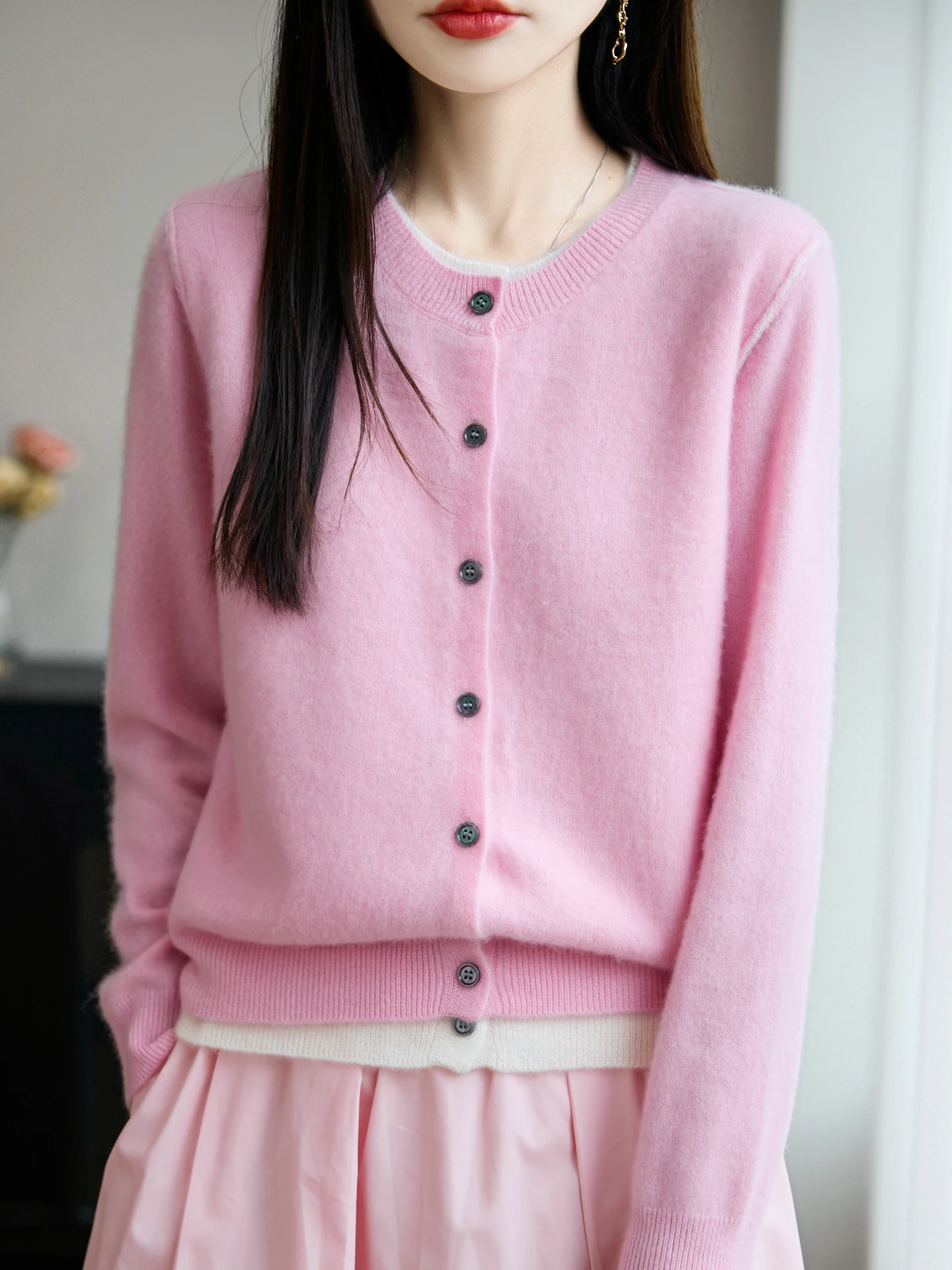 

Женский кардиган TLOML с круглым вырезом, базовый однотонный свитер из кашемира с длинными рукавами, 100% мериносовая шерсть, трикотаж для женщин