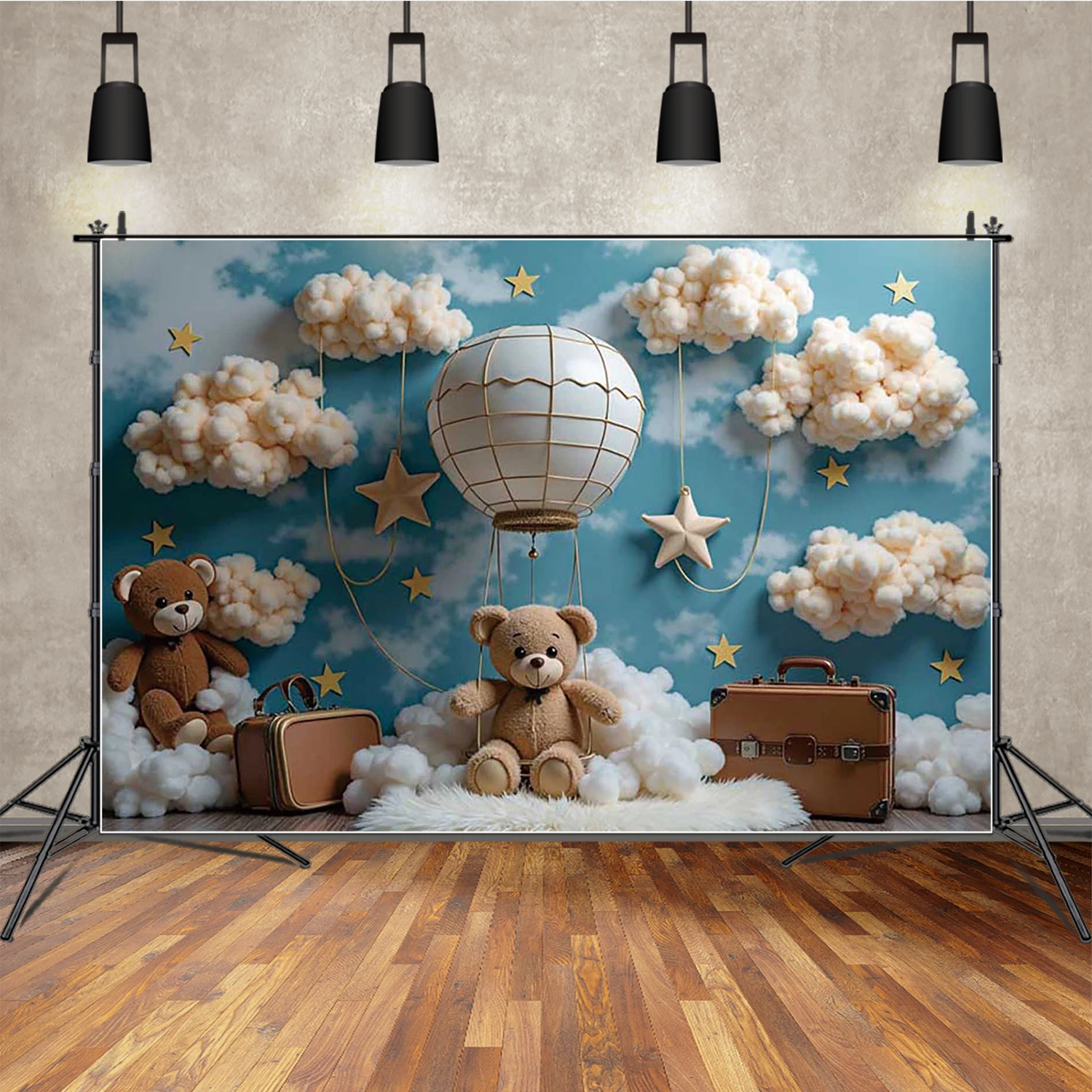 Fondo de fotografía de cumpleaños de tiburón bebé oso de peluche maleta de cielo azul telón de fondo para sesión fotográfica accesorios de fotomatón de estudio infantil