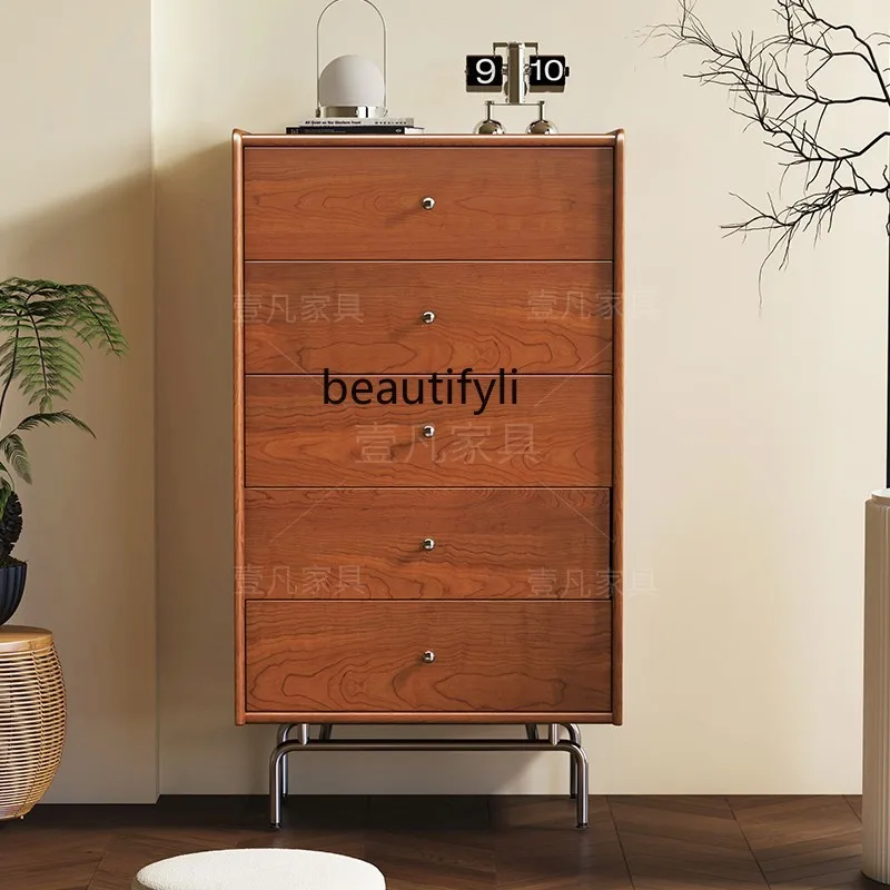 

French all-solid wood five-bucket retro living room bedroom small apartment cherry wood storage cabinet