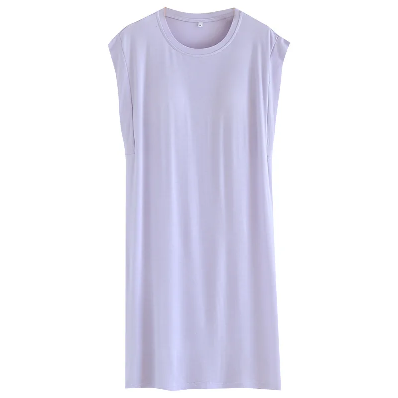 فستان نوم نسائي رفيع بدون أكمام من القطن المشروط مع وسادة صدر صيفية رفيعة وفضفاضة ورقبة دائرية فستان منزلي #5