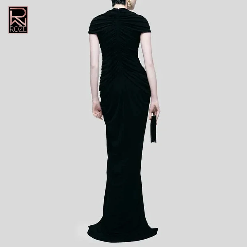 Vestido elegante de color liso con paneles transparentes y detalle de volantes - Vestido largo de manga corta con cuello redondo