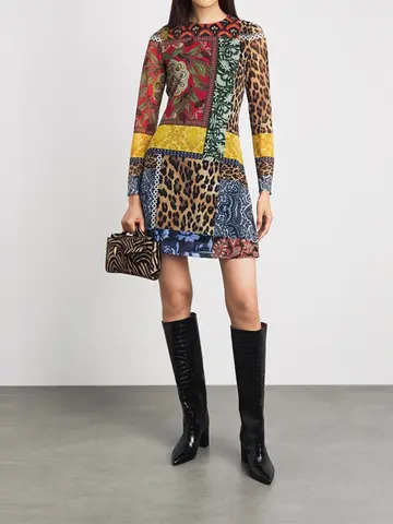 Mixed Patchwork Print Leopard Floral Boho Dress Womens Round Neck Long Sleeve Mini Dress Paisley Pattern Slim Casual Short Dress