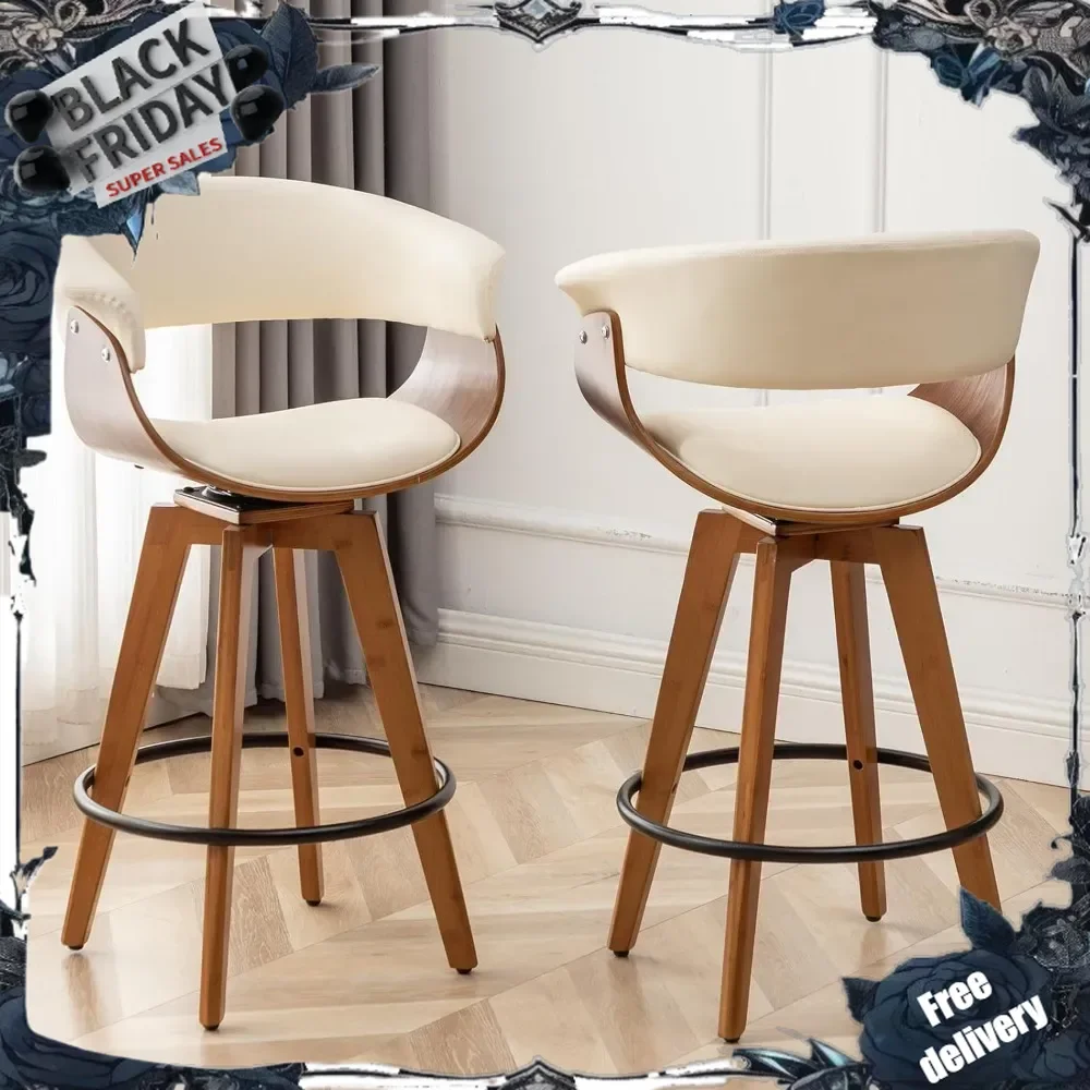 Bar Stools Set of 2,Counter Height Bars Stools,26 Inch Swivel Bars Stools with Hollow Back and Wooden Legs,Modern Bar Stoo