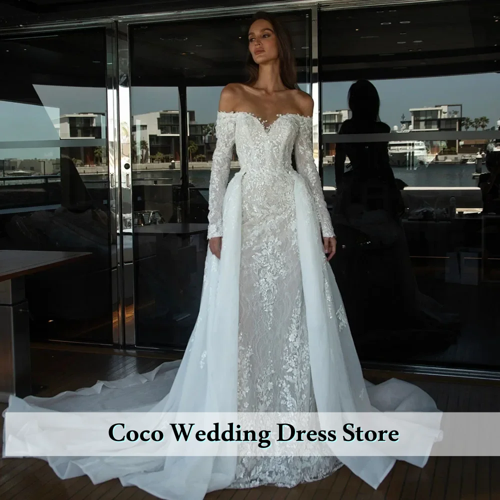Customized Detachable Train Off Shoulder Long Sleeve Sweetheart Neck Pearls Sequins Lace 2 Pieces Mermaid Wedding Dresses