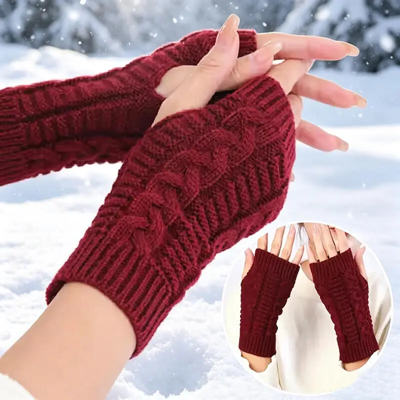Women Stylish Hand Warmer Winter Gloves Arm Crochet Knitting  Mitten Warm Fingerless Glove Twist Pattern Women Gloves