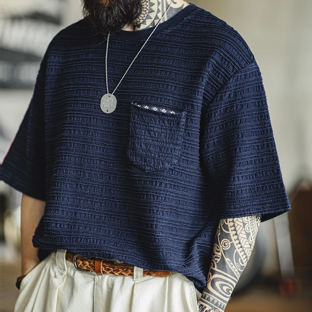 Maden Retro Indigo Knitted Jacquard Wave Pattern Textured T-shirt Loose Fit Solid Color Short-sleeved Tee for Men's Summer Tops image 2