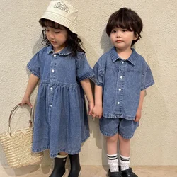 Conjunto de ropa vaquera para niños y niñas, camisa de manga corta y pantalones cortos, trajes de 2 piezas, vestido acampanado, primavera y verano, 2024