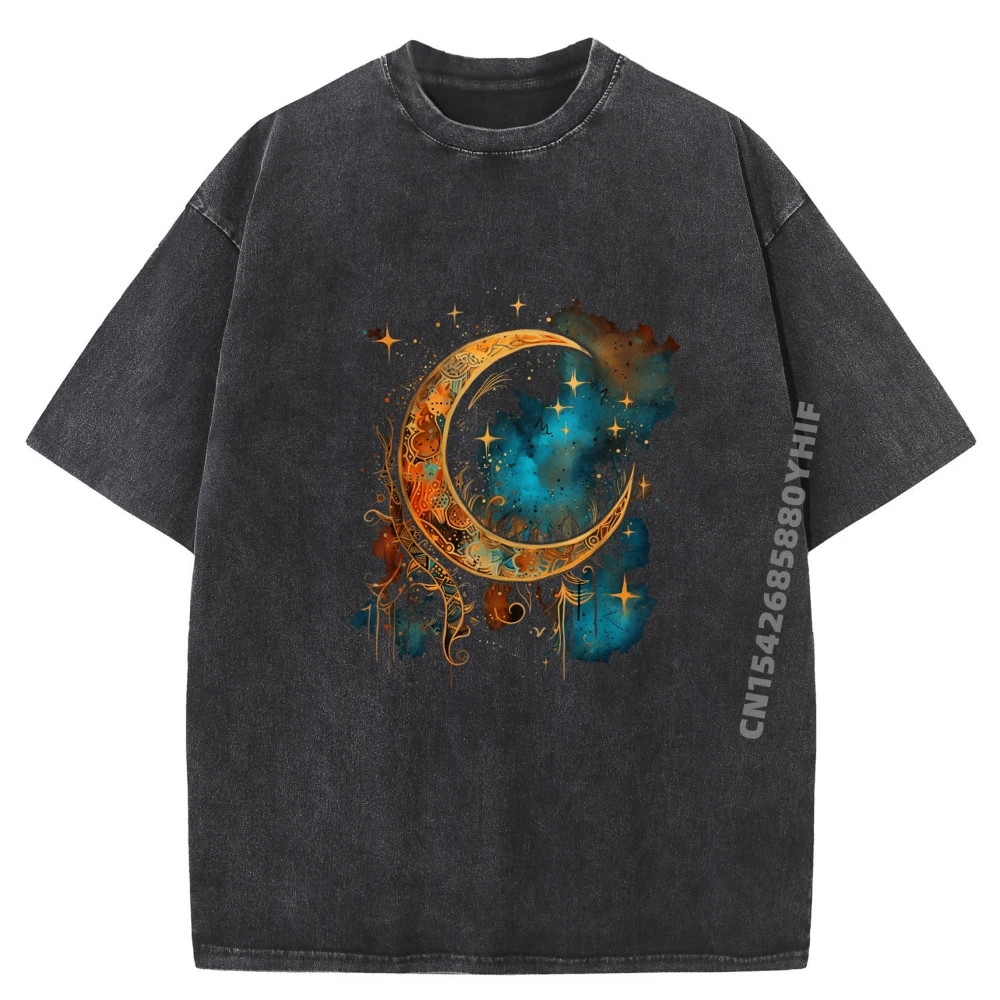 

Crescent Moon With Stars Abstract Bohemian Style Graphic T Shirts Men Anime T Shirts Vintage Washed Shirt