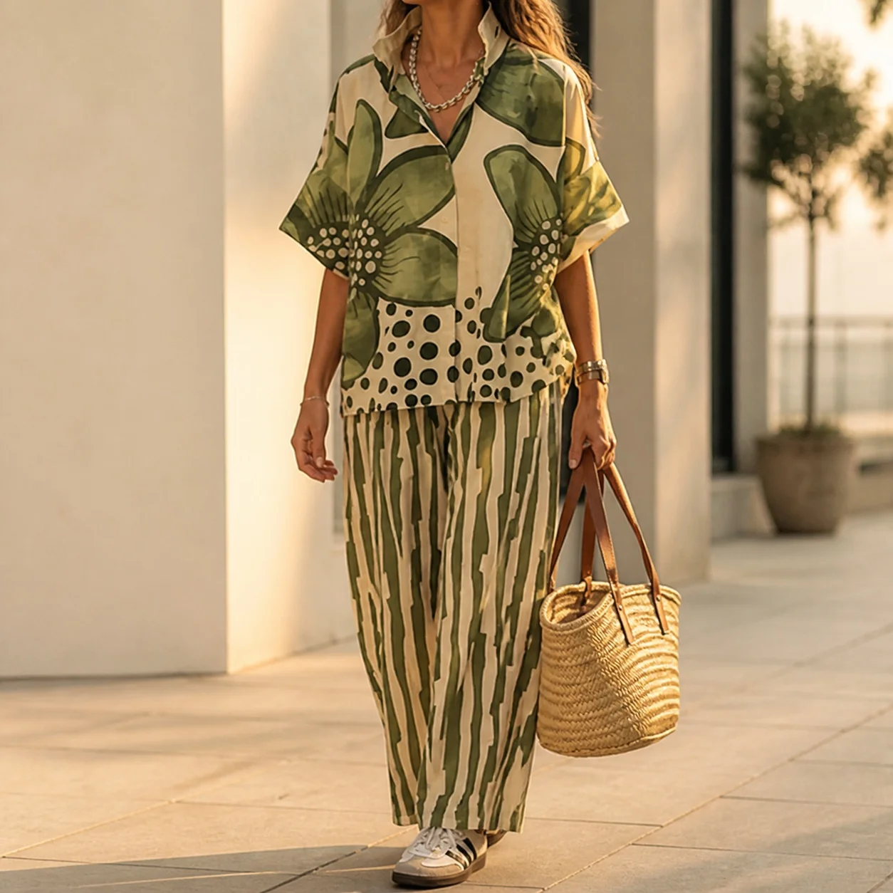Women's Matching 2-Piece Summer Set: Notched Collar Half Sleeve 3D Printed Blouse with Flared Sleeve Loose Fit Casual Top