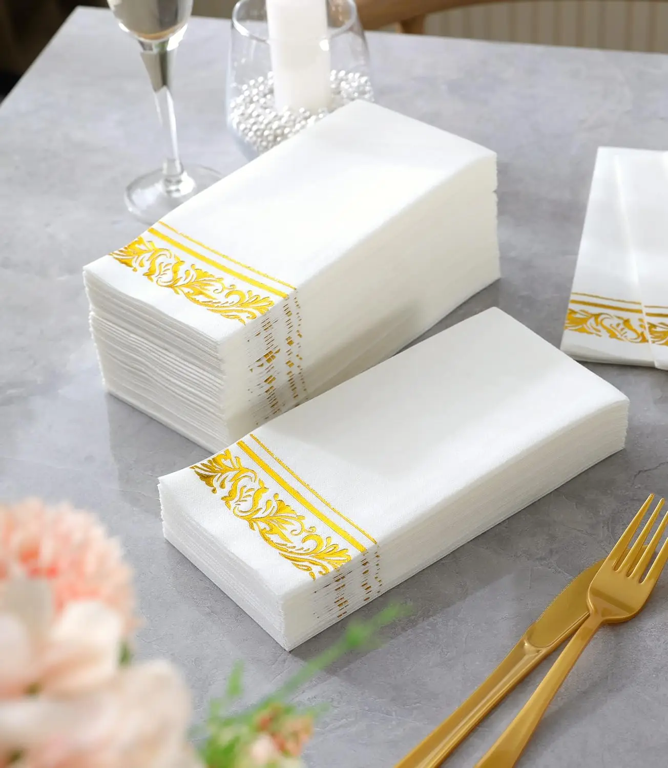 100PCS Disposable Napkins Table Paper Elegant Tissue Vintage Towel White Foil Gold Dish Bowl Birthday Wedding Party Decor