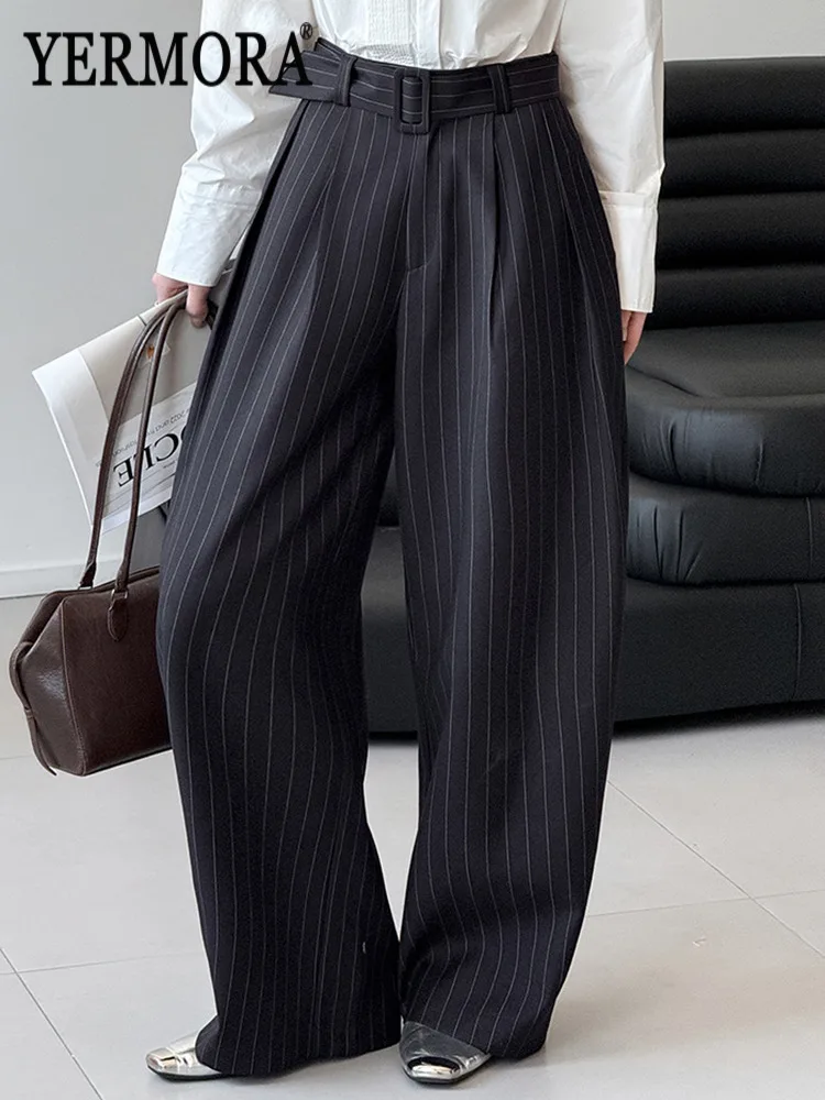 

YERMORA Новые женские повседневные широкие брюки с высокой талией, черные в полоску, с поясом, свободного кроя, модные, весна-осень 2026