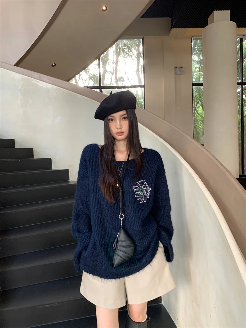 

Korean style Embroidered Split Pullover Sweater for Women