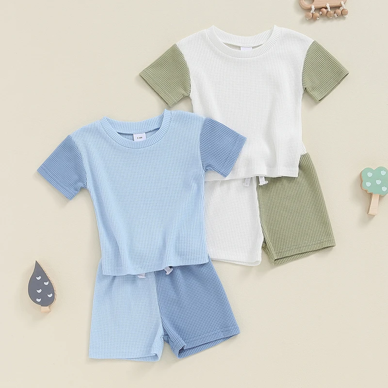 2024-04-25 Lioraitiin Baby Boys Summer Outfits Contrast Color Short Sleeves T-Shirt and Elastic Shorts Set for 2Pcs Vacation Set